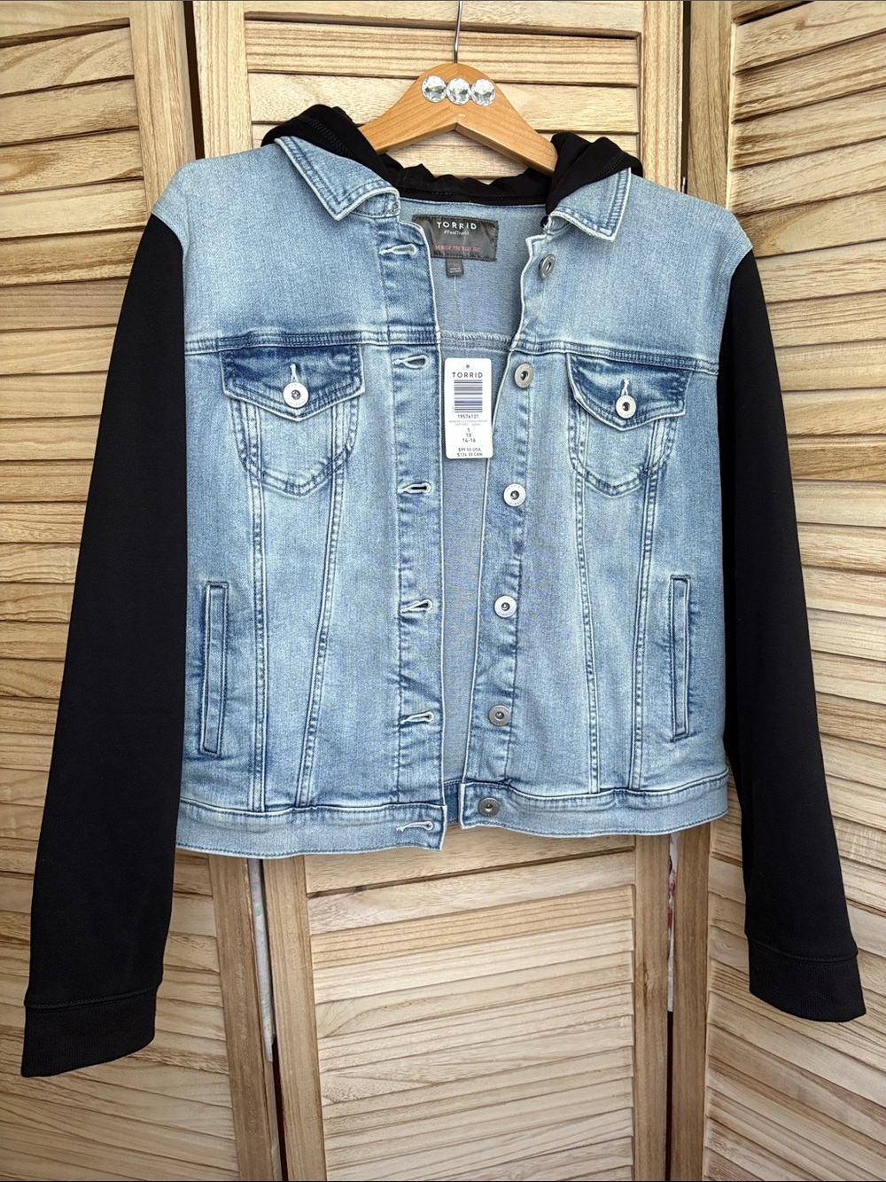 Torrid Denim Knit Sleeve Hooded Trucker Hoodie Jacket Size 1